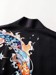 吉祥云龙印花宽松七分袖长袍，男士休闲开衫 - 黑色 - 查看 6