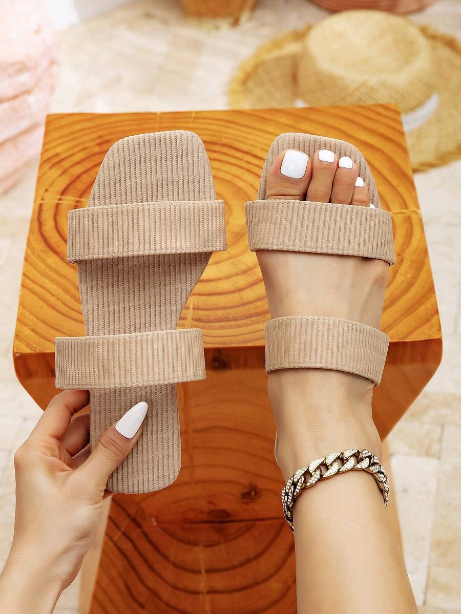 Dép xăng đan đế bằng thời trang nữ, dép đi biển chống trơn trượt dễ thương mùa xuân/hè, dép xăng đan đế bằng kẻ sọc đỏ, dép xăng đan kiểu dáng thanh lịch châu Âu và Mỹ. - Màu Khaki - Xem 1