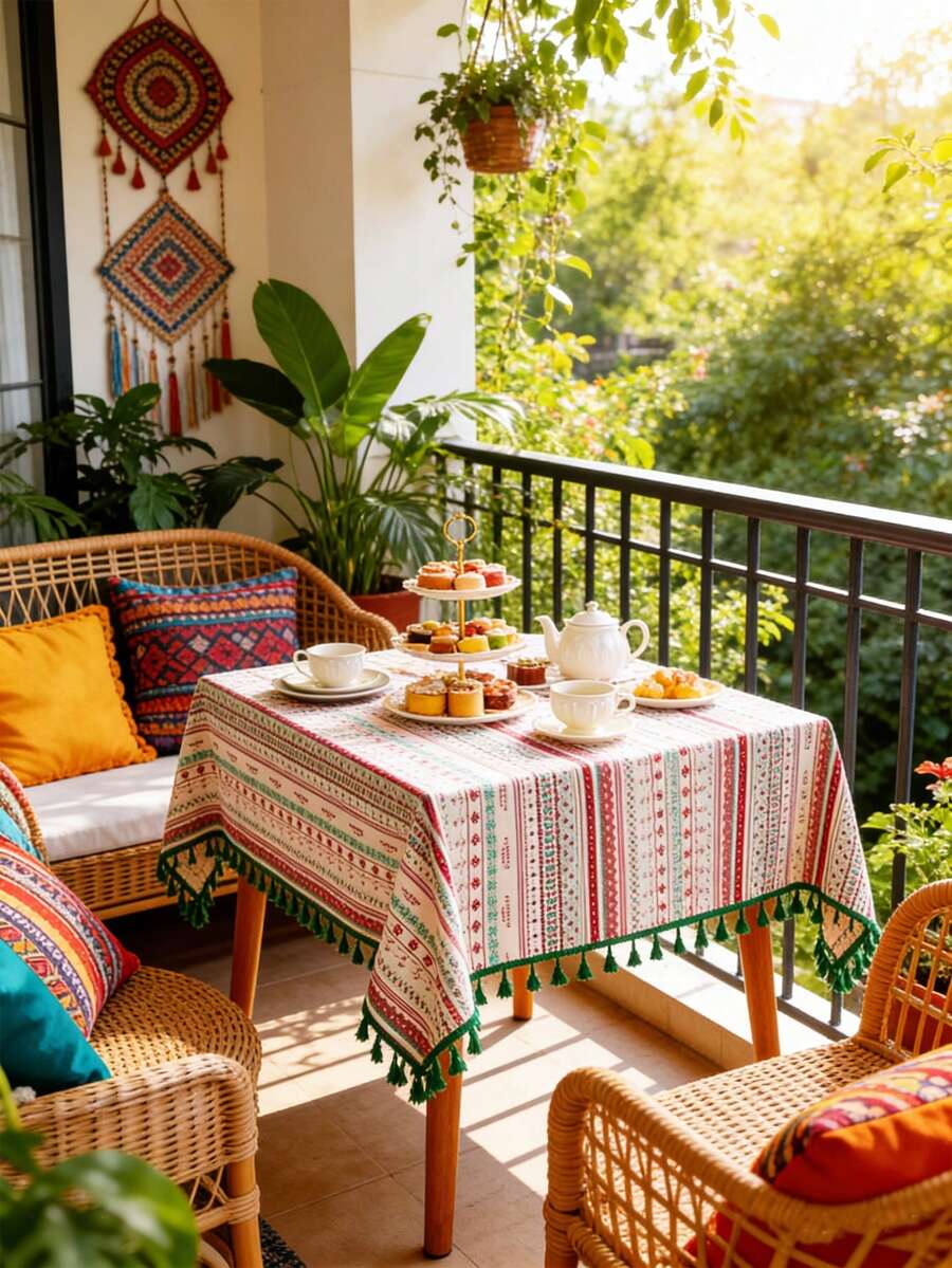 MineLain 1pc Bohemian Spring/Summer Red Geometric Tablecloth, Rectangular Table Runner, Green Tassel Decor, Can Be Used As Picnic Mat, Rectangular Tablecloth, Coffee Table, Bedside Table Cover, Tabletop Decoration, Suitable For Country Farmhouse Home Kitchen Dining Room, Living Room, Gathering, Party, Picnic, Camping, Holiday Wedding Decor, Daily Home Decor, All Seasons Use, Spring/Summer Decor - Multicolor - View 1