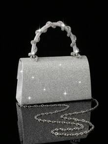 Bolsa de mão mini quadrada de luxo com lantejoulas brilhantes, bolsa de ombro feminina moderna com corrente e decoração de strass, conjunto perfeito para combinar com colar, brincos e pulseira de strass, ideal para festas, banquetes e encontros. - Prata - Ver 10