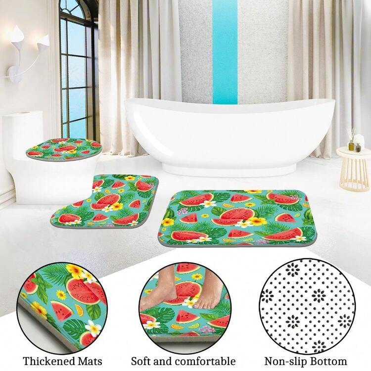 1件/4件套夏季西瓜图案浴室装饰浴帘套装，赠送12个挂钩，营造优雅假日氛围，包含浴室地垫、U型马桶垫和圆形马桶垫，适用于各种浴室场景。 - 西瓜 - 查看 5