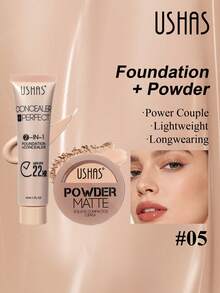 USHAS 二合一粉底蜜粉套装，哑光粉底，遮盖肌肤瑕疵，完美肤色，持久防水妆容 - #05 Cool Porcelain Beige - 查看 1