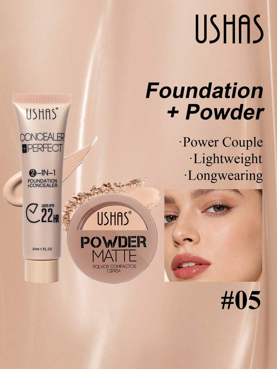 USHAS 二合一粉底蜜粉套装，哑光粉底，遮盖肌肤瑕疵，完美肤色，持久防水妆容 - #05 Cool Porcelain Beige - 查看 1