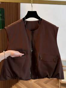 Áo vest siêu ngắn không tay dành cho nữ, màu trơn tươi mát mùa thu, vạt áo phồng, cổ tròn có khóa kéo, thời trang và đa năng, ôm sát cơ thể mùa hè. - Cà phê nâu - Xem 3
