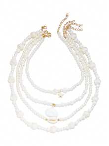 4件套贝壳、海星和珍珠项链套装，适合女士海滩度假和旅行 - 彩色 - 查看 5