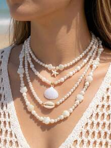 4件套贝壳、海星和珍珠项链套装，适合女士海滩度假和旅行 - 彩色 - 查看 6