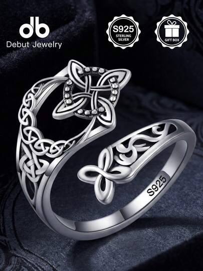1pc S925 Sterling Silver Celtic Knot Crescent Moon Witch Knot Ring, Jewelry For Women, Suitable For Daily Decoration, Easter Decoration, Music Festival Decoration, Easter Gift, Christmas Gift, Wedding Gift, Comes With Gift Box