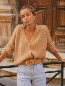 Solid Color Cardigan Long Sleeve Knit Sweater Jacket, Autumn/Winter - Khaki - View 5