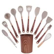 11pcs Cooking Utensil Set With Stand - Kitchen Tool Set, Wooden Pattern Handle, Non-Stick Spatula Spoon Cookware Set With Storage Bucket - Multicolor - View 8