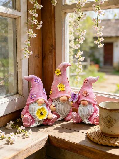 Tượng người lùn bằng nhựa được vẽ tay với mũ hoa màu hồng, vật trang trí sân vườn dễ thương và độc đáo cho bệ cửa sổ, kệ và hiên nhà, điểm nhấn trang trí nhà cửa theo chủ đề mùa xuân với chi tiết hoa vàng và bướm tím, tượng yêu tinh Bắc Âu duyên dáng cho phòng ngủ, phòng khách và vật trang trí sân vườn ngoài trời, món quà ngọt ngào cho tân gia, Ngày của Mẹ và những người yêu thích làm vườn.