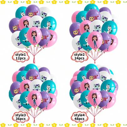 MASSDI Themed Latex Balloon Set - Colorful Party Balloons Printed With Cute Cats And Gabby Characters, Suitable For Birthday Celebrations, Party Decorations And Photo Props For All Ages. Available In 12/24/36/48 Pcs, Perfect For Fans