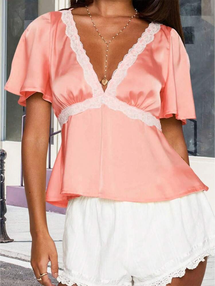 Women Lace Trim Tops V Neck Split Short Sleeve Ruffle Shirts