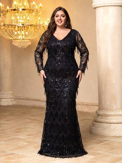 UNITHORSE Plus Size Women Elegant V-Neck Long Sleeve Waist Cinched Sequin Tassel Cocktail Party Dress