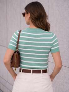 Women's Striped Modal Knit Blouse With Short Sleeves - 2026  - Versatile, Modern, Premium - Green Striped - View 2