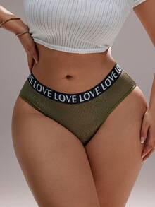 Plus Size Women's Sexy Lace Patchwork Seamless Panties, Comfortable Letter Waistband Sports Bra, Tummy Control Shapewear - Olive Green - View 6
