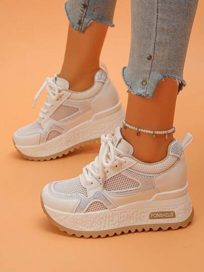 Women's Platform Thick Bottom Sneakers, Lace-Up Mesh Patchwork Breathable Casual Chunky Sneakers With Rhinestone Decor, Fashionable White Shoes