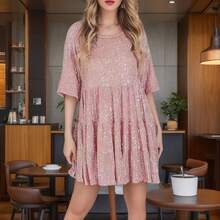 New European And American Fashion Round-Neck Loose-Waist Short-Sleeve Sequin Dress - 玫紅色 - 查看 8
