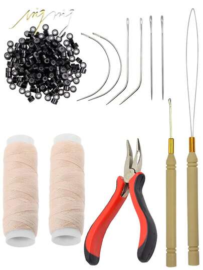 Bộ dụng cụ nối tóc: 200 hạt nối tóc siêu nhỏ lót silicon, 1 kẹp tóc ba lỗ, 1 cuộn chỉ may, 1 dụng cụ xỏ chỉ, 1 móc kéo, 8 kim may (Đen/Beige) Dụng cụ tạo kiểu tóc cho tiệm cắt tóc, salon làm đẹp, du lịch, sản phẩm chăm sóc tóc, trang trí nhà cửa, phòng ngủ, phòng tắm.