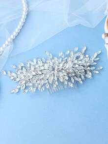 1pc Elegant Silver Crystal Leaf Handmade Bridal Hair Comb, Teardrop Transparent Crystal Bead Decor, Wedding Bride Bridesmaid Party Accessory - Silver - View 2
