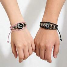 Illusory 复古发光日月情侣皮手链，多层串珠编织，饰以人造水晶吊坠，男女皆宜朋克风PU皮友谊手链，学生朋友礼物 - 夜光日月 - 查看 3