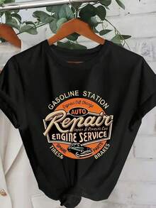 Damen Lässiges Retro Amerikanisches Autowerkstatt Abzeichen mit abgenutzter vintage handgeschriebener Schrift Rundhals Kurzarm Relaxed T-Shirt, geeignet für Frühling, Sommer, Herbst - Schwarz - Übersicht 6