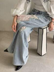 Quần jeans rách phối ren thời trang mùa xuân - Rửa nhẹ - Xem 4