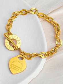 1条不锈钢心形雕刻钛金链手链，女士款，T形扣，适合日常佩戴，也可作为约会礼物。 - 手鍊 - 查看 3