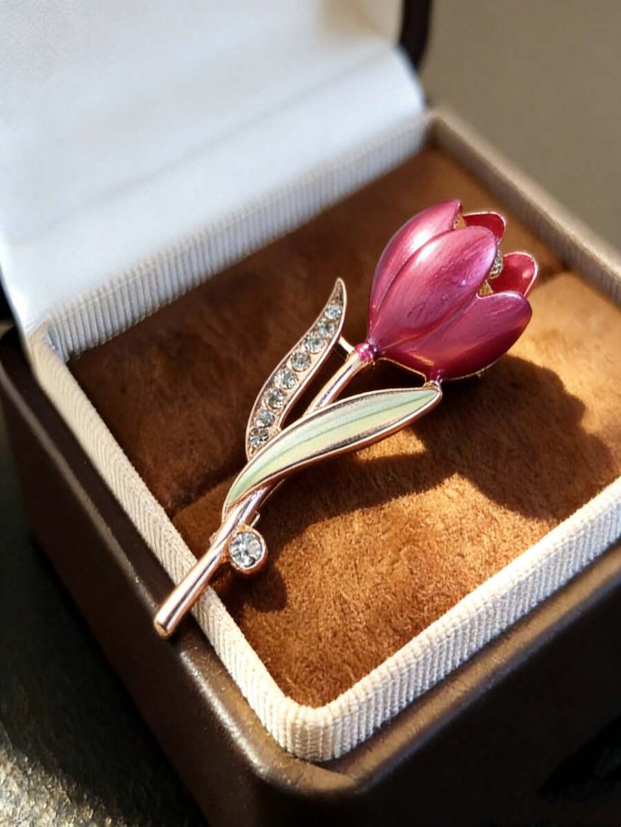 1枚优雅奢华珐琅渐变水钻郁金香胸针，女士母亲节/生日礼物，通勤、约会、晚宴配饰 - 金色 - 查看 1