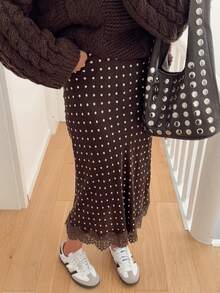 Women Satin Lace Trim Midi Skirt Polka Dot Print High Waist Long A-Line Skirts Vintage Silk Going Out Dress Y2k Streetwear Party Clubwear - 棕色-A - 查看 4