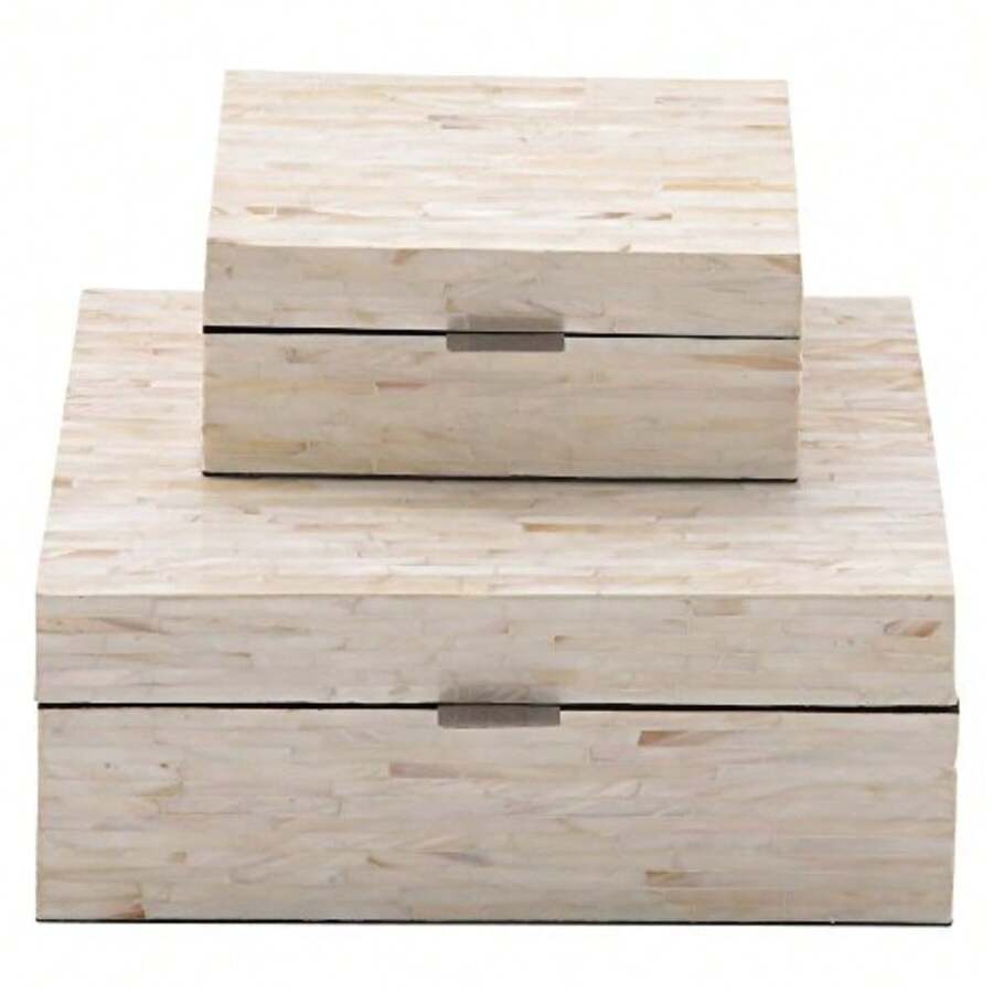 Deco 79 - Caja Decorativa Hecha a Mano con diseño de Mosaico Lineal y Tapa con bisagras Juego de 2 Cajas de Almacenamiento de 12 Pulgadas 8 Pulgadas de Ancho Color Blanco - Blanco - Ver 1