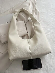 1 pieza Bolso de mano de unicolor de PU personalizado para uso diario, bolso de tela minimalista, bolso de hombro, bolso de axila - Beis - Ver 4