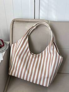 一件装黑白条纹帆布大容量敞口休闲单肩包，适合女性日常通勤。 - 彩色 - 查看 4