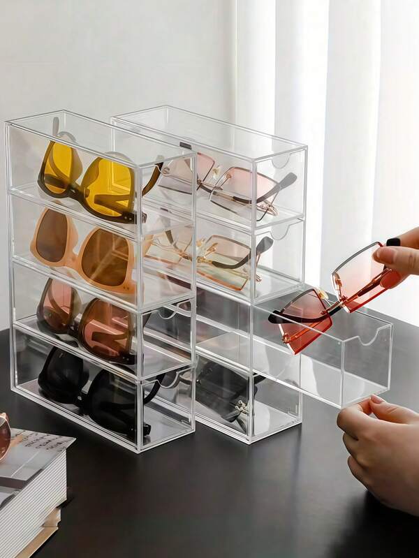 2个/1个亚克力时尚眼镜收纳盒，化妆品整理抽屉托盘，珠宝展示托盘，坚固耐用的四层透明时尚眼镜盒，适合家庭和办公室使用