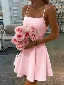 纯色A字露背系带性感连衣裙，适合婚礼派对，优雅 - 淺粉色 - 查看 6