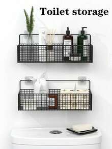 1/2pcs Black Bathroom Shelf, Adhesive Shower Storage Rack, Kitchen & Bathroom Organizer Basket, Wall Mounted Organizer Rack Without Drilling - No Drilling Required - View 3