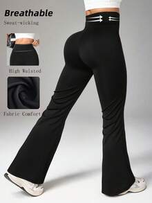 高腰喇叭瑜伽裤，女士弹力喇叭裤 - 黑色 - 查看 3