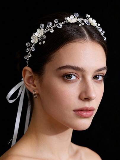 1件复古银色七花水晶发簪，U型发夹梳子装饰，适合汉服新娘发型