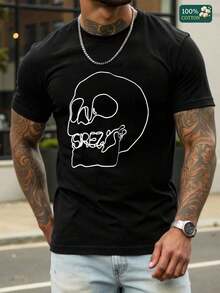 S100% Cotton Unisex Round Neck Short - Sleeve T - Shirt With "Srez" Skull Graphic - Street - Culture - Themed Summer Men's TopSoft Fabric - 黑色 - 查看 1