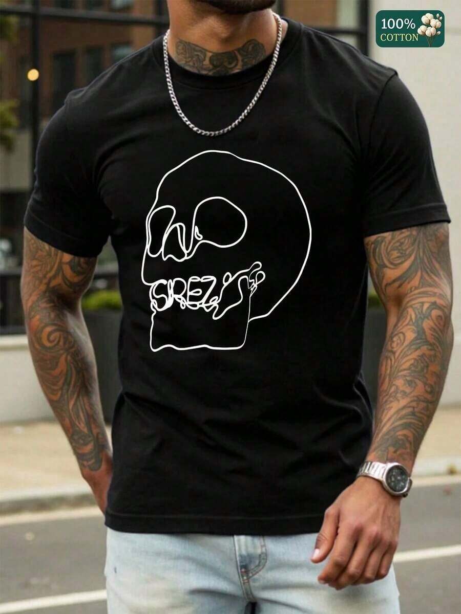 S100% Cotton Unisex Round Neck Short - Sleeve T - Shirt With "Srez" Skull Graphic - Street - Culture - Themed Summer Men's TopSoft Fabric - 黑色 - 查看 1