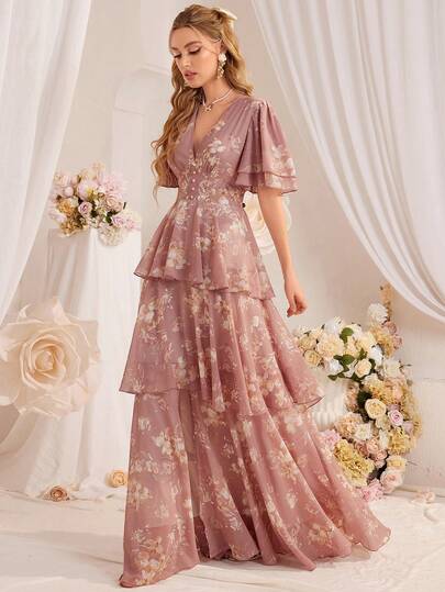Women's V-Neck Puff Sleeve All-Over Print Split Ruffle Hem Elegant Cocktail Dress (Elastic Waist Design, Suggest Ordering One Size Down) Vacation Summer