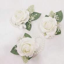 3pcs Wrist Corsage, Bridesmaid Wrist Flower, Faux Rose Wrist Corsage, Wedding Party Decoration - White - View 4
