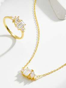 1件不对称锆石镶嵌纯银项链，时尚精致，适合女性日常佩戴。 - 金黃色 - 查看 2