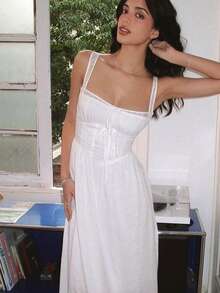 Women's Pure & Seductive Lace-Paneled Sleeveless Cami Dress With Cinched Waist - 白色 - 查看 6