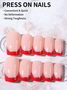 24片红色法式方形短款美甲贴纸，提升您的时尚品味！简约时尚，经久耐用，可重复使用。套装包含1瓶甲油胶和1把指甲锉，适合女性和女孩日常佩戴，也适用于派对和其他场合。 - 紅色 - 查看 2