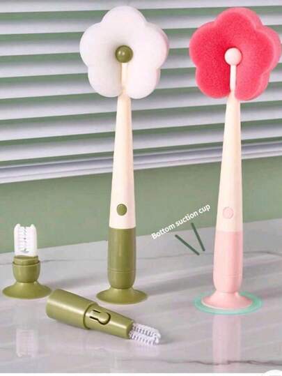 3-In-1 Suction Cup Flower Replaceable Sponge Head Cup Brush, Bottle Brush, Multipurpose Long Handle Cup & Straw Cleaning Sponge Brush For Home Use