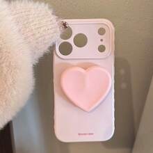 SANRIO 新款哑光粉色亲肤心形支架，多巴胺手机壳，全包覆奢华女士TPU防震手机壳保护套，适用于 11/12/13/14/15/16/17 Pro Max，DIY，侧边心形，撞色设计 - 粉色 - 查看 3