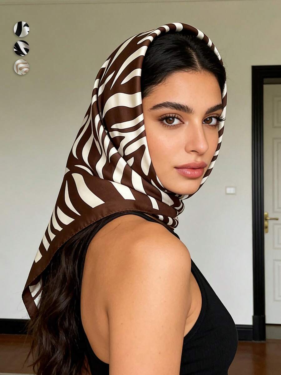 1pc Women's 90cm Luxurious Zebra Print Faux Silk Twill Scarf, Suitable For Daily Wear As Bandana, Headband, Hair Accessory,Beach,Holiday - Multicolor - View 1