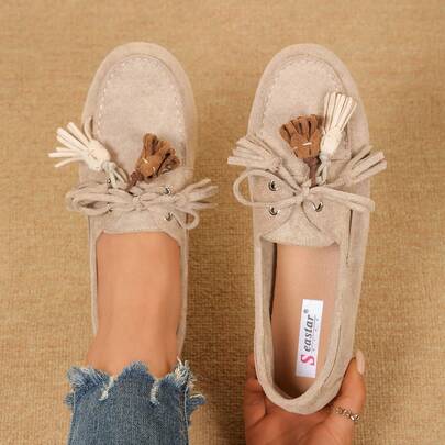 Buty żeglarskie vintage z zamszu dla kobiet, nowoczesne mokasyny w stylu preppy z kolorowymi frędzlami, wygodne obuwie z okrągłymi noskami, uniwersalne buty rekreacyjne na jesień i wiosnę