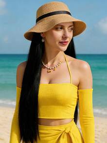 20英寸合成假发配沙滩帽，直发一体式假发帽，夏季防晒帽，黑色长直发全头假发 - Dark Brown - 查看 1