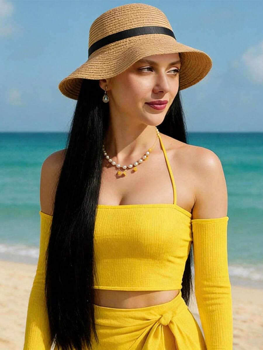 20英寸合成假发配沙滩帽，直发一体式假发帽，夏季防晒帽，黑色长直发全头假发 - Dark Brown - 查看 1